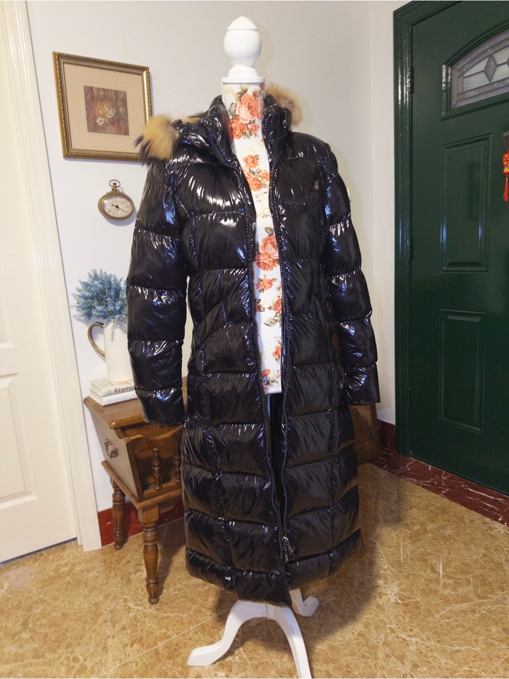 Moncler Black Glossy Long Puffer Coat with Faux Fur Trim